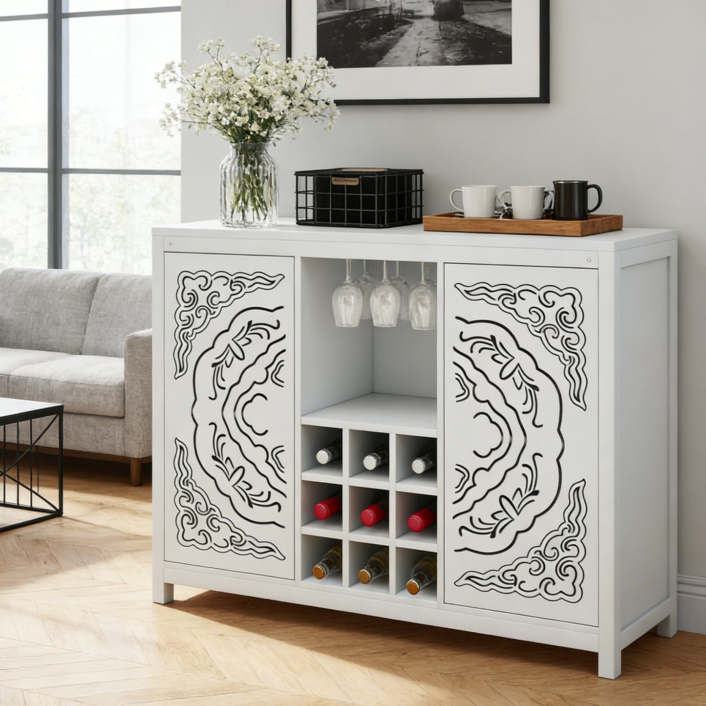 Wine Bar Cabinet With 2 Doors Buffet Storage Liquor Rack And Glass