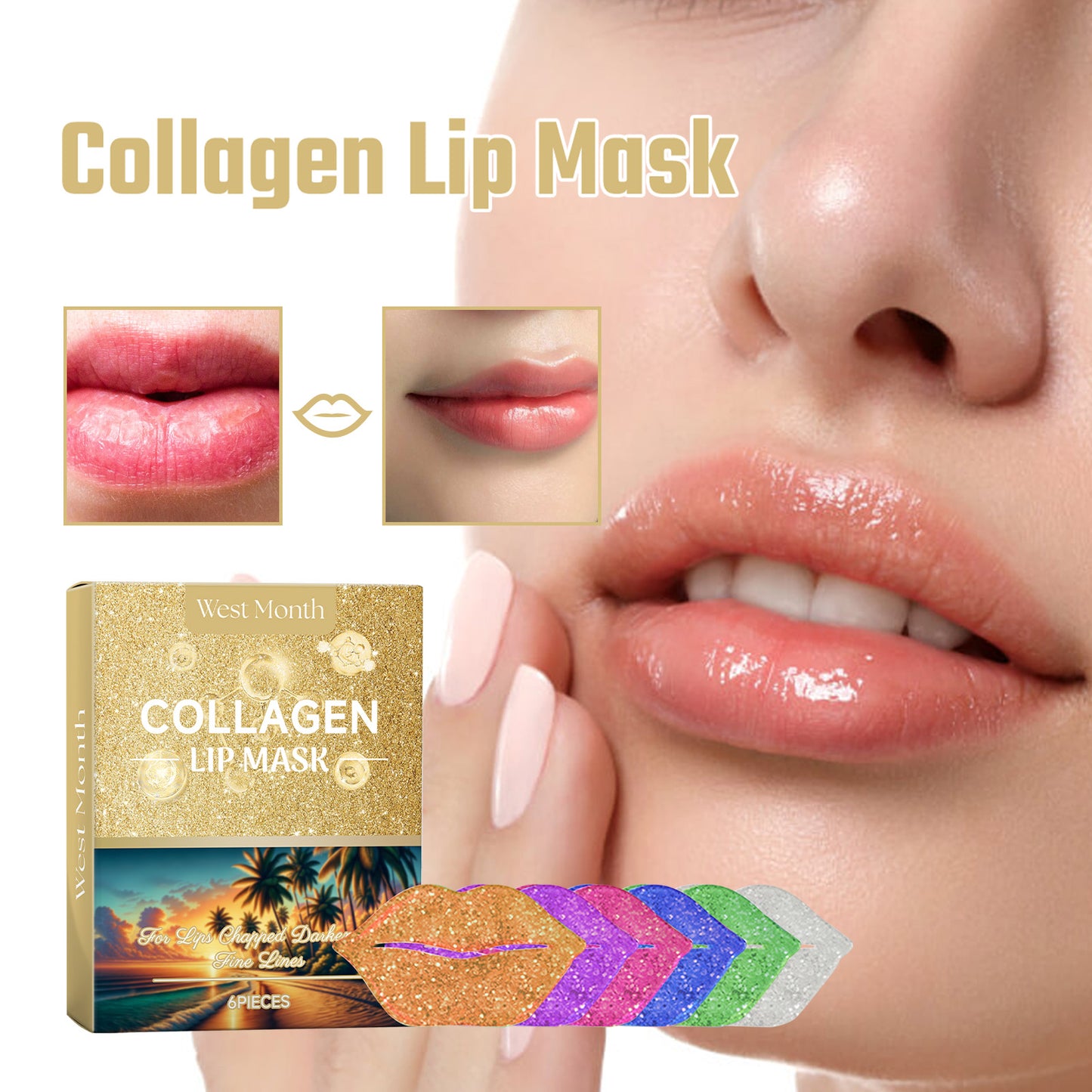 Collagen Lip Mask for Dry Lips - Moisturizing & Hydrating Treatment, 6 Pack