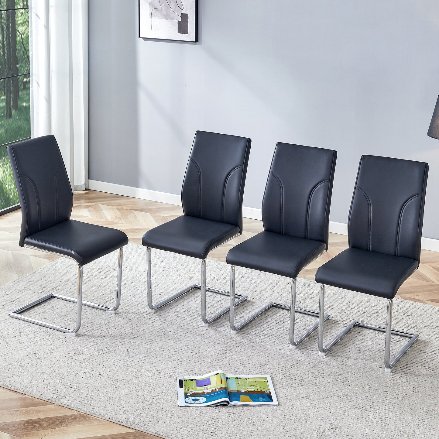 4 Dining Chair Set, Black PU Material High Back Seat And Sturdy Leg