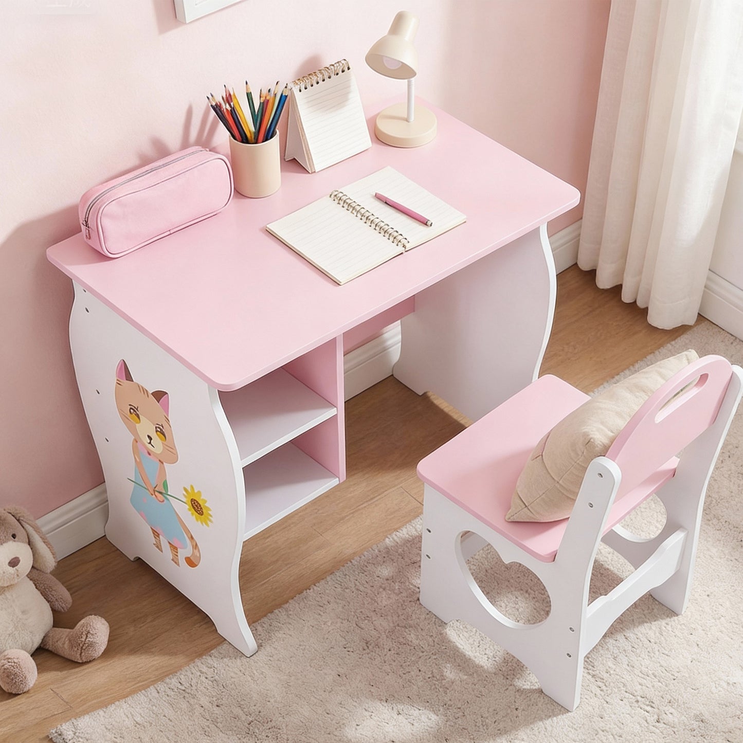 Kids Desk And Chair Set Children Study With Storage Shelf Wooden