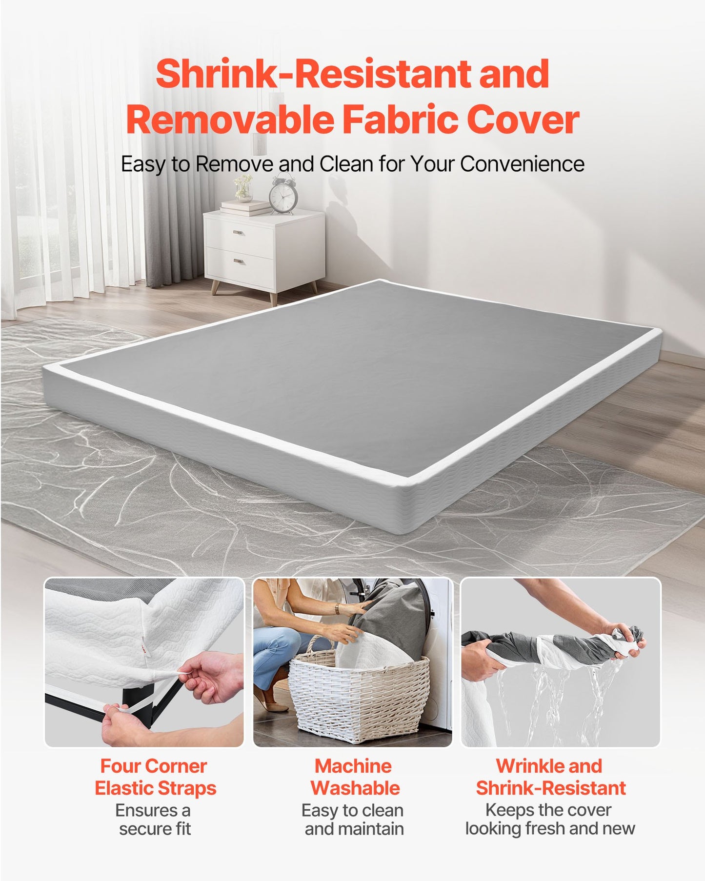 Queen Size Bed Frame with Washable Fabric Cover - Heavy Duty Metal Support, 4-Inch Mattress Foundation, Easy Assembly, Black