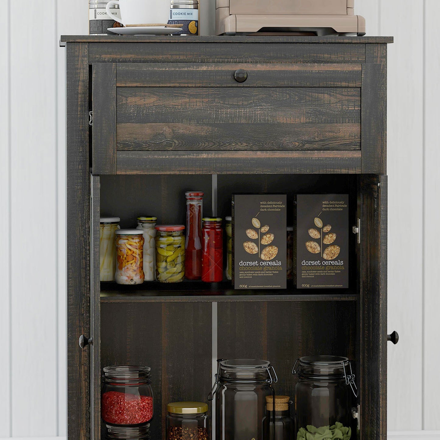 Farmhouse Storage Cabinet with Doors and Drawer - Dark Brown