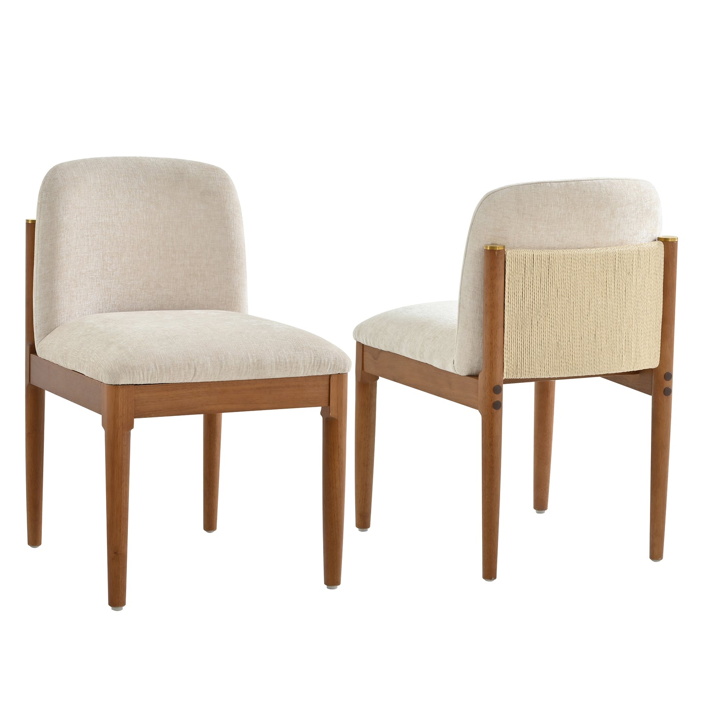 Modern Dining Chair Set of 2 with Woven Rope Backrest - Walnut
