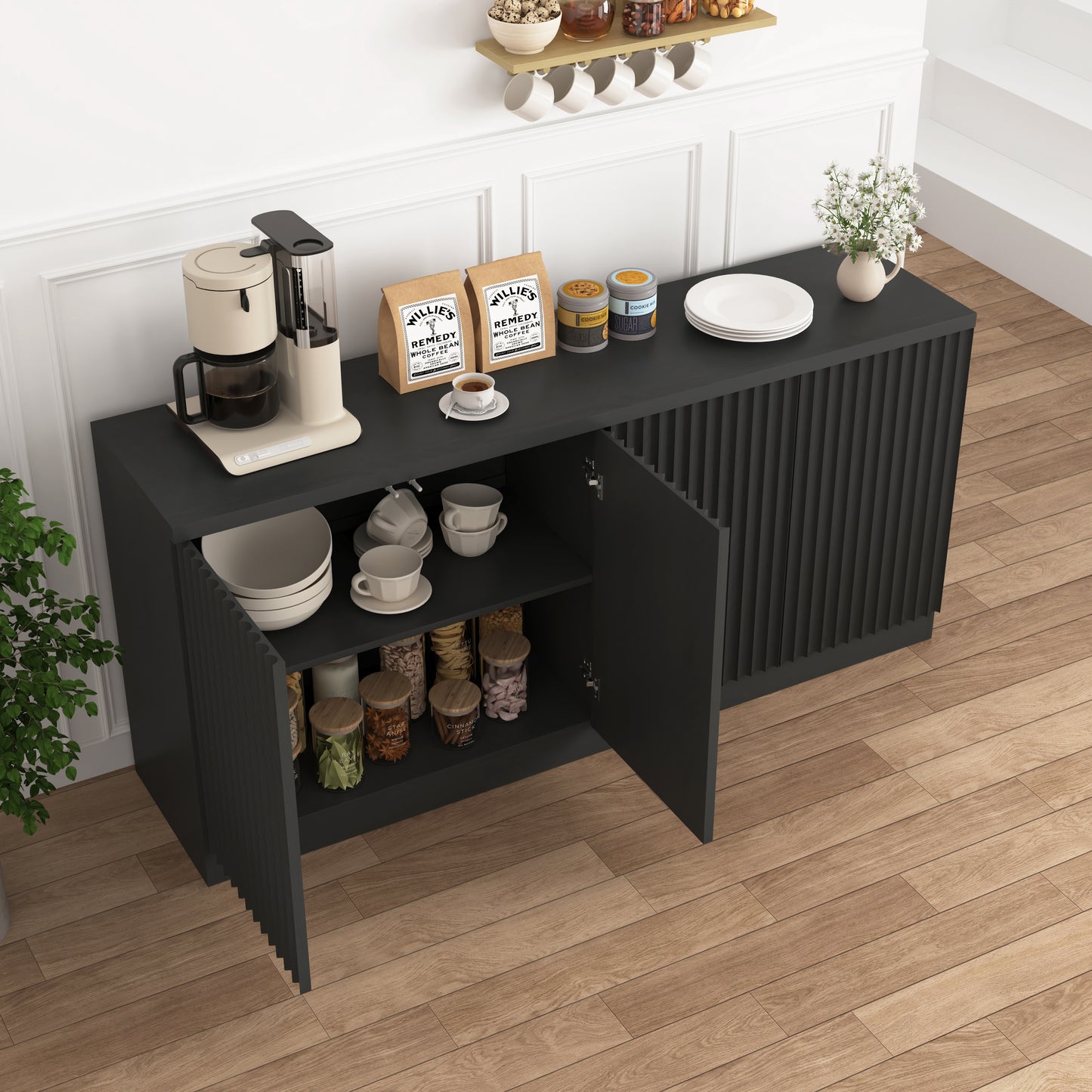Black Buffet Cabinet with 4 Doors & Shelves - 62.6" Sideboard