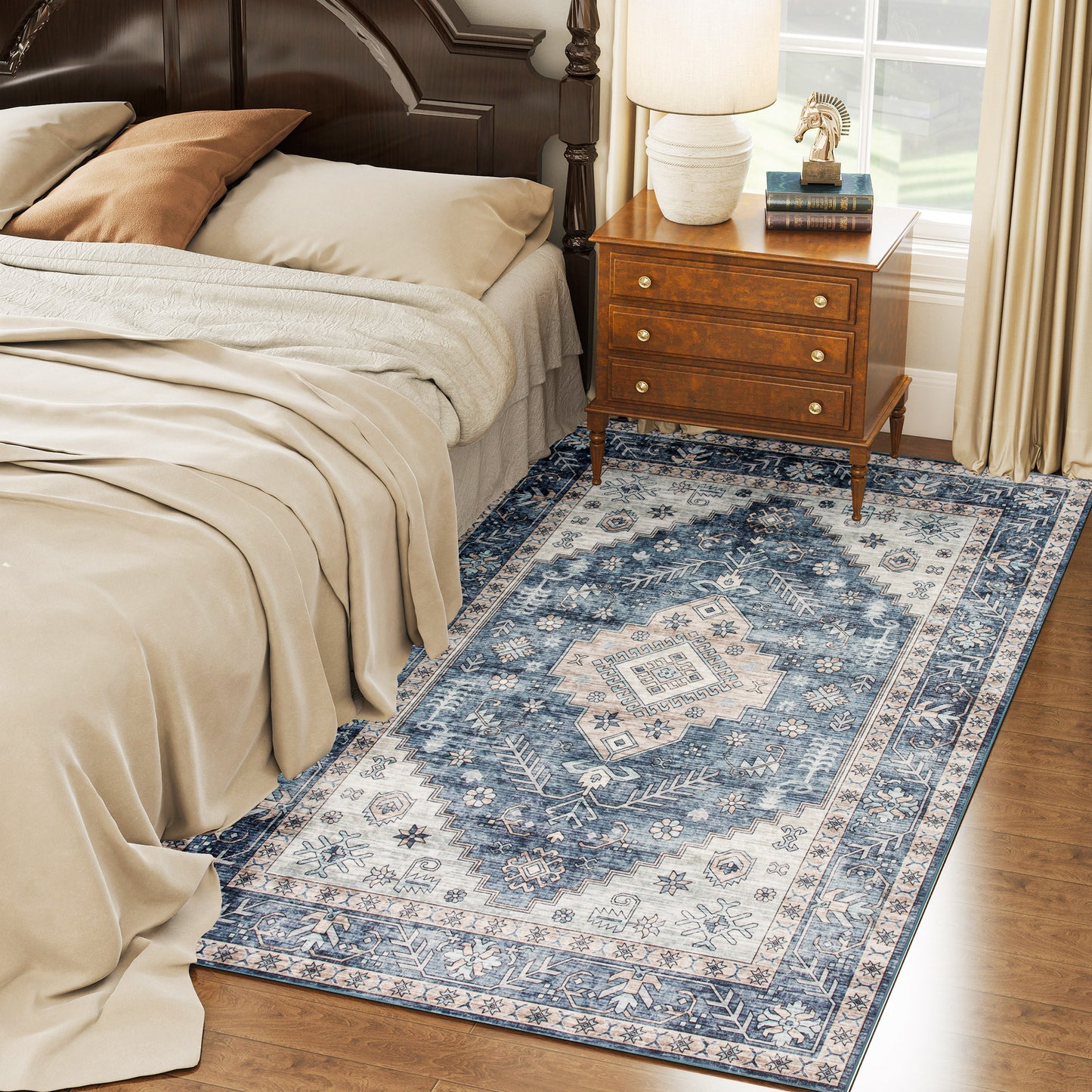 4x6 Vintage Washable Area Rug - Non-Slip Blue Carpet