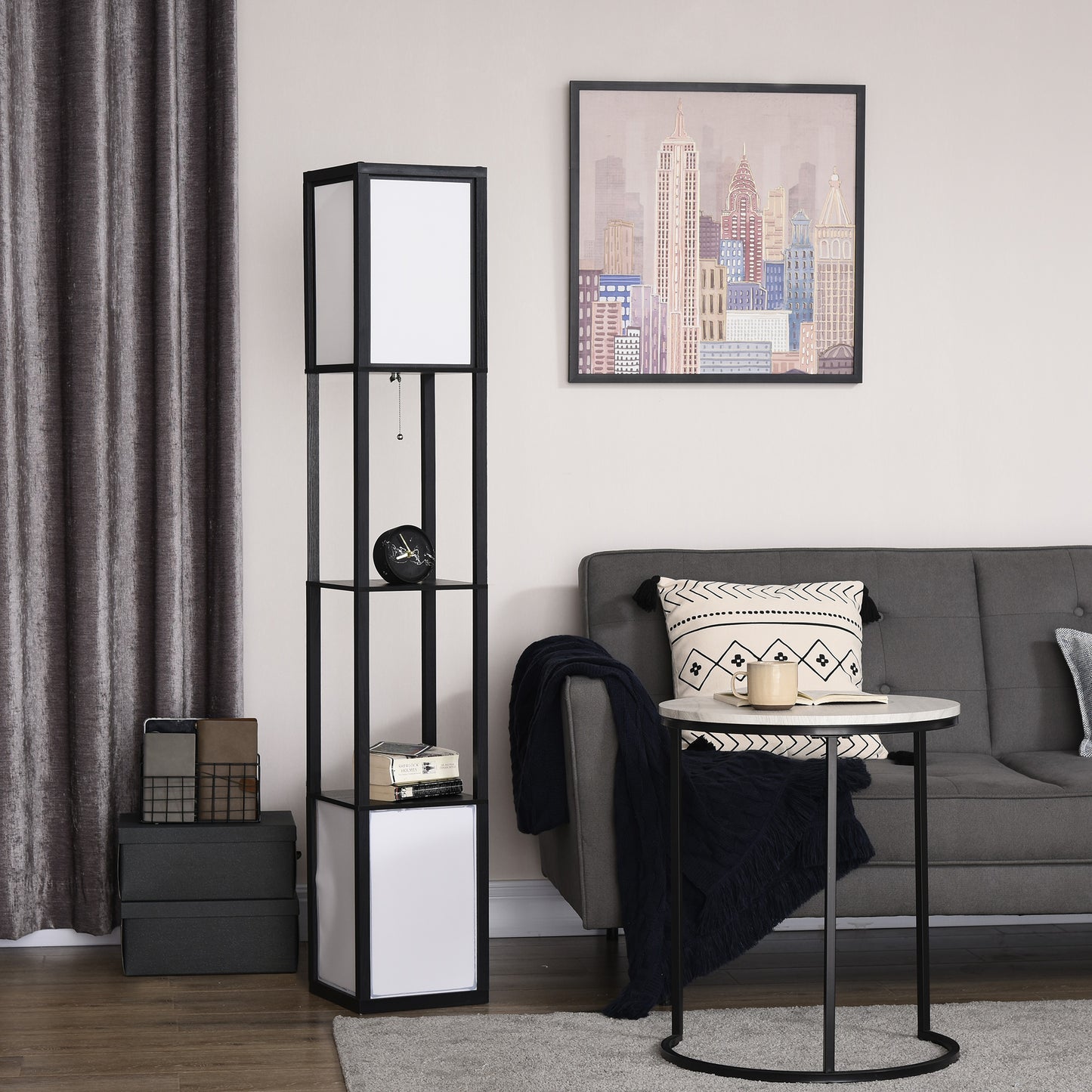 Modern Floor Lamp with Dual Ambient Shelves - Black, 300x190x420mm