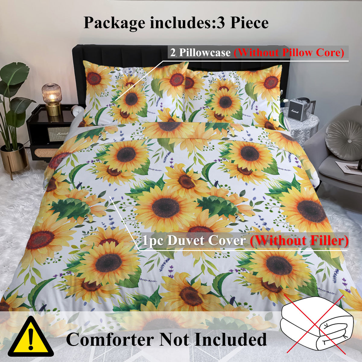 Sunflower Duvet Cover Set - Plant Comforter Cover with Pillowcases - Retro Yellow Flower Bedding
