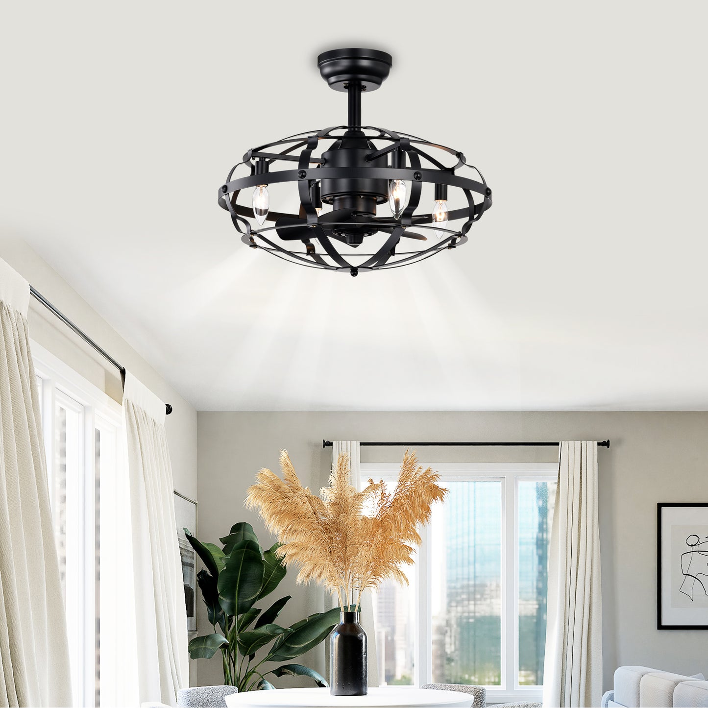 20.63 Inch Matte Black Caged Ceiling Fan with Lights - Farmhouse