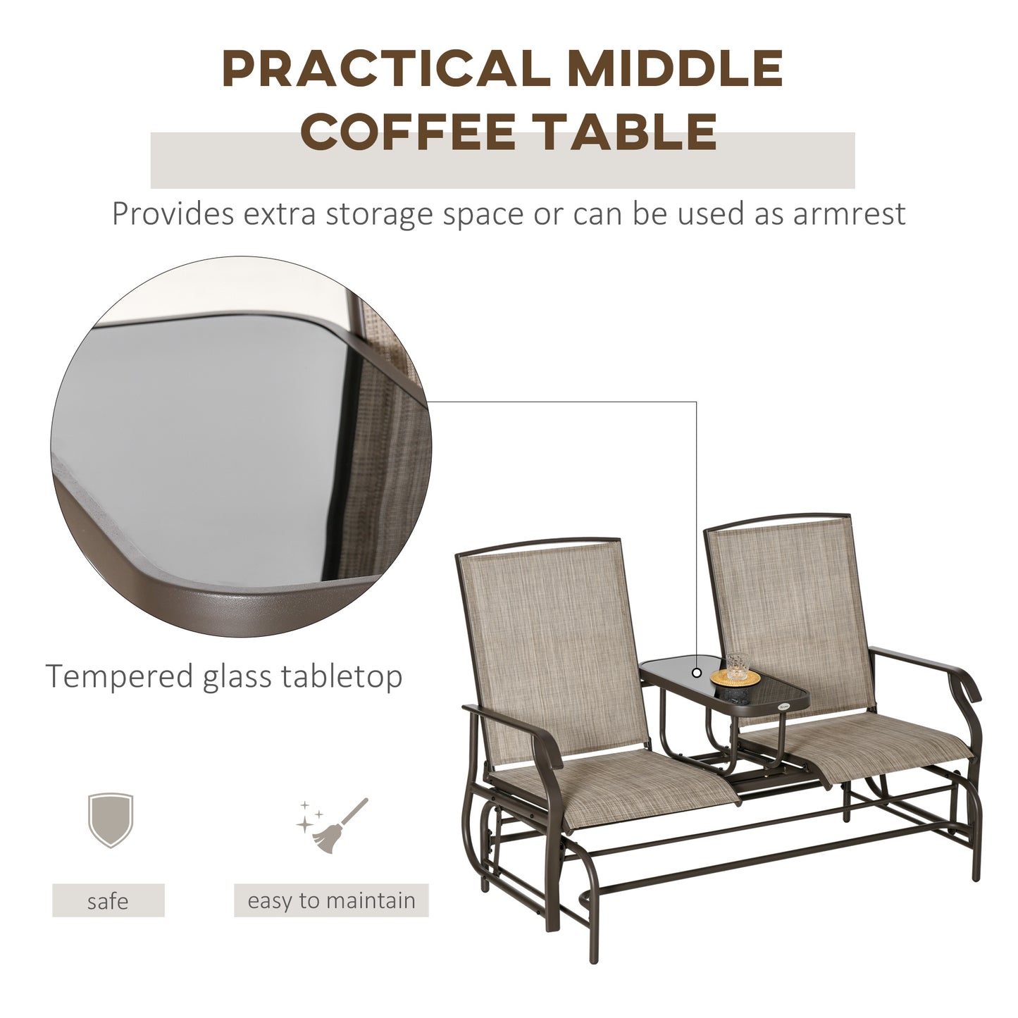 Two-Person Outdoor Glider Bench with Center Table - Brown