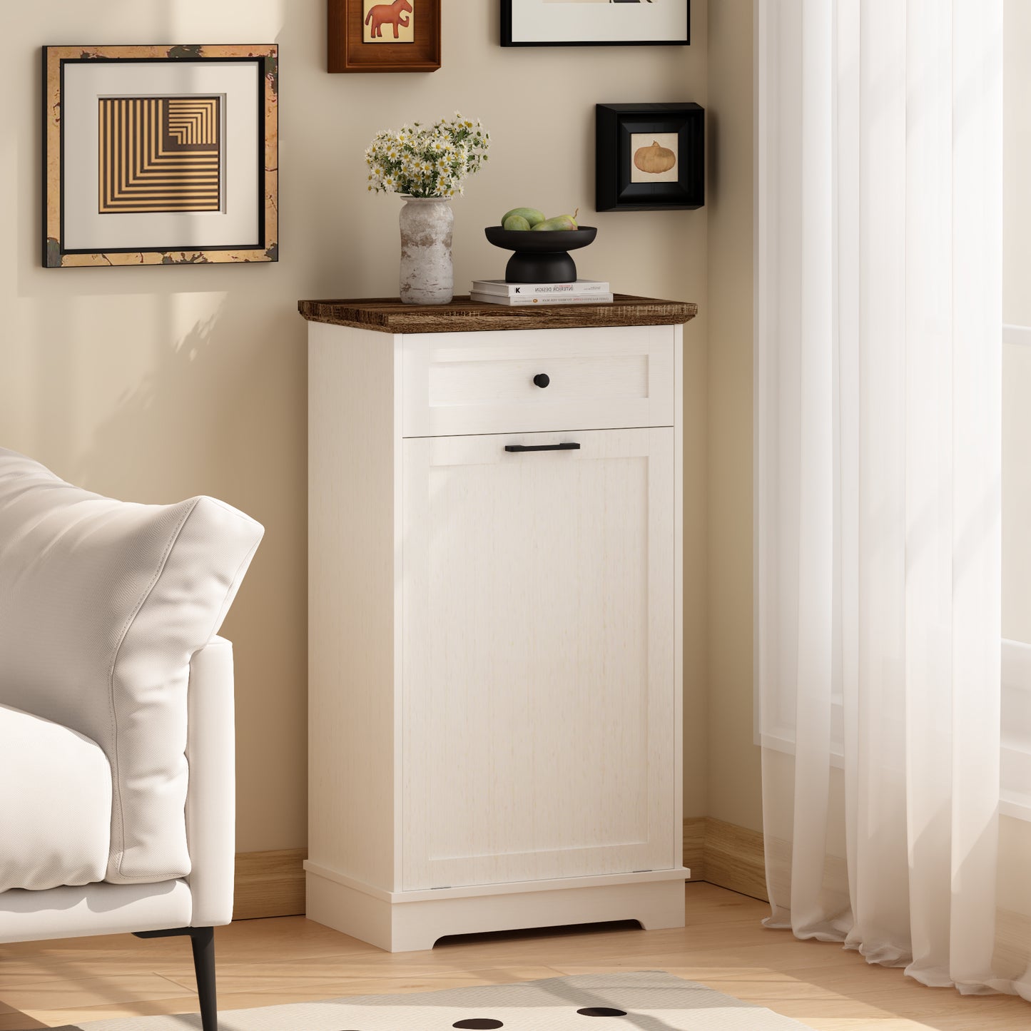 Tilt-Out Trash Cabinet - Freestanding Wood Recycling Bin with Drawer, Antique Brown & White