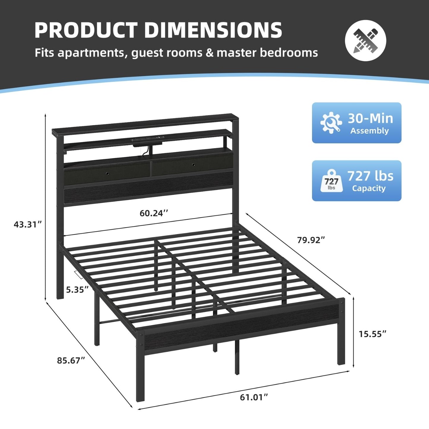 Full Bed Frame with LED Lights & Charging Station - Wood Headboard, Storage Drawers