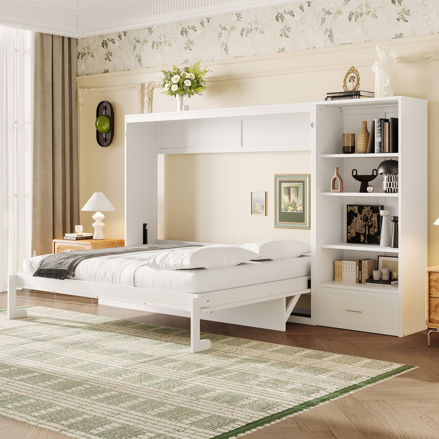 Queen Size Murphy Bed With Height Adjustable Storage Compartments And