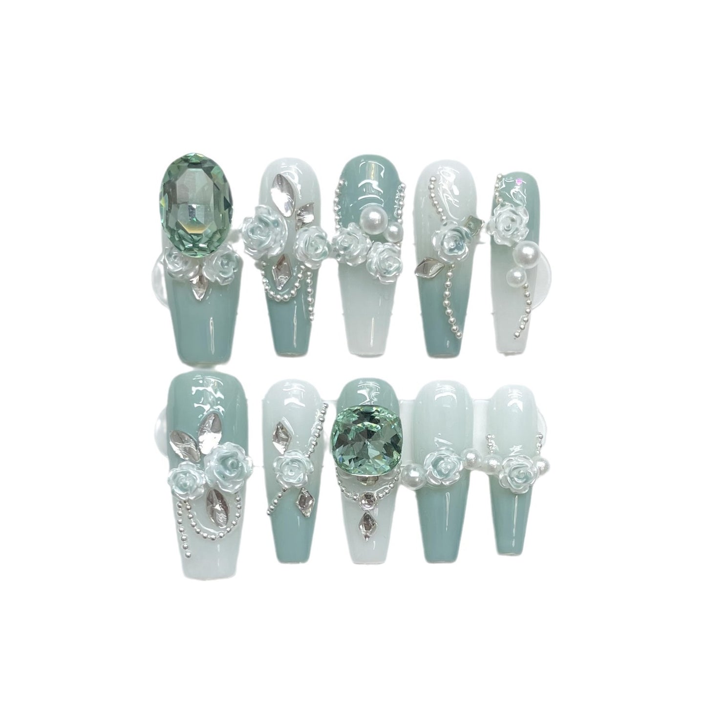 Green Diamond Chain Nail Art Kit with Camellia Gradient Design - All Sizes & Colors