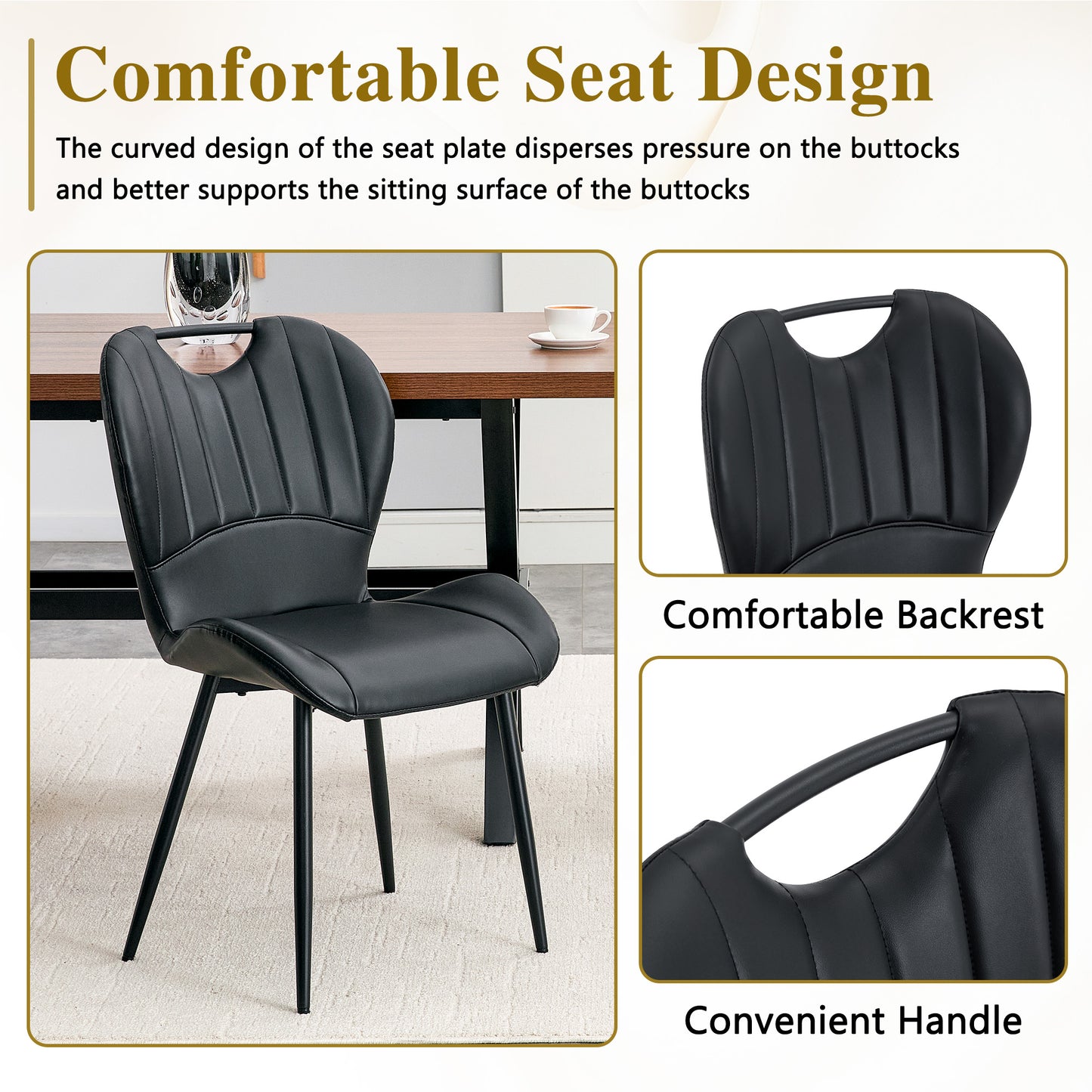 Set Of 4 Black PU Dining Chairs With Integrated Handle. Metal Frame,