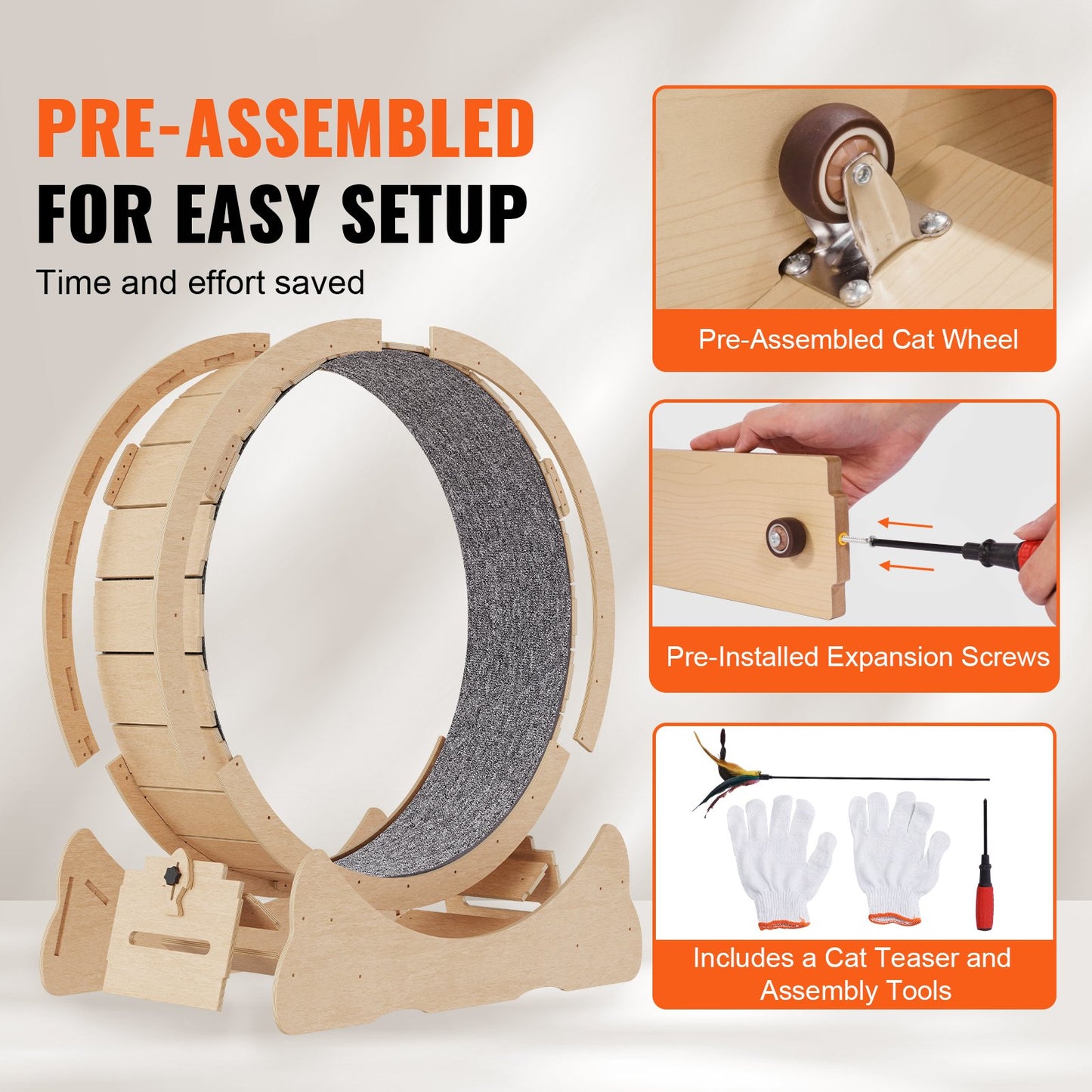 Large Wooden Cat Exercise Wheel 52-inch Indoor Feline Treadmill for All Sizes