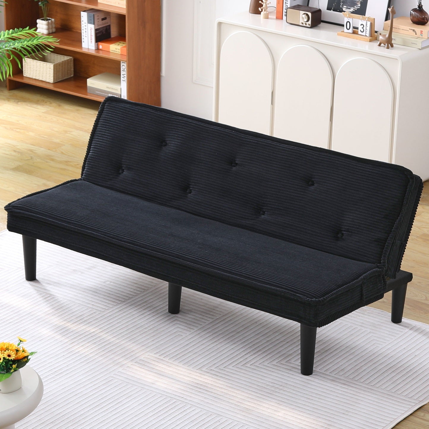 66-Inch Black Corduroy Sofa Bed - Versatile & Comfortable Design
