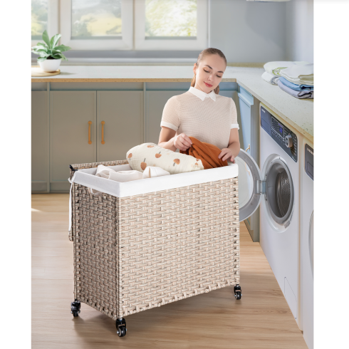 Laundry Hamper with Lid and Wheels - 160L Gray Rattan