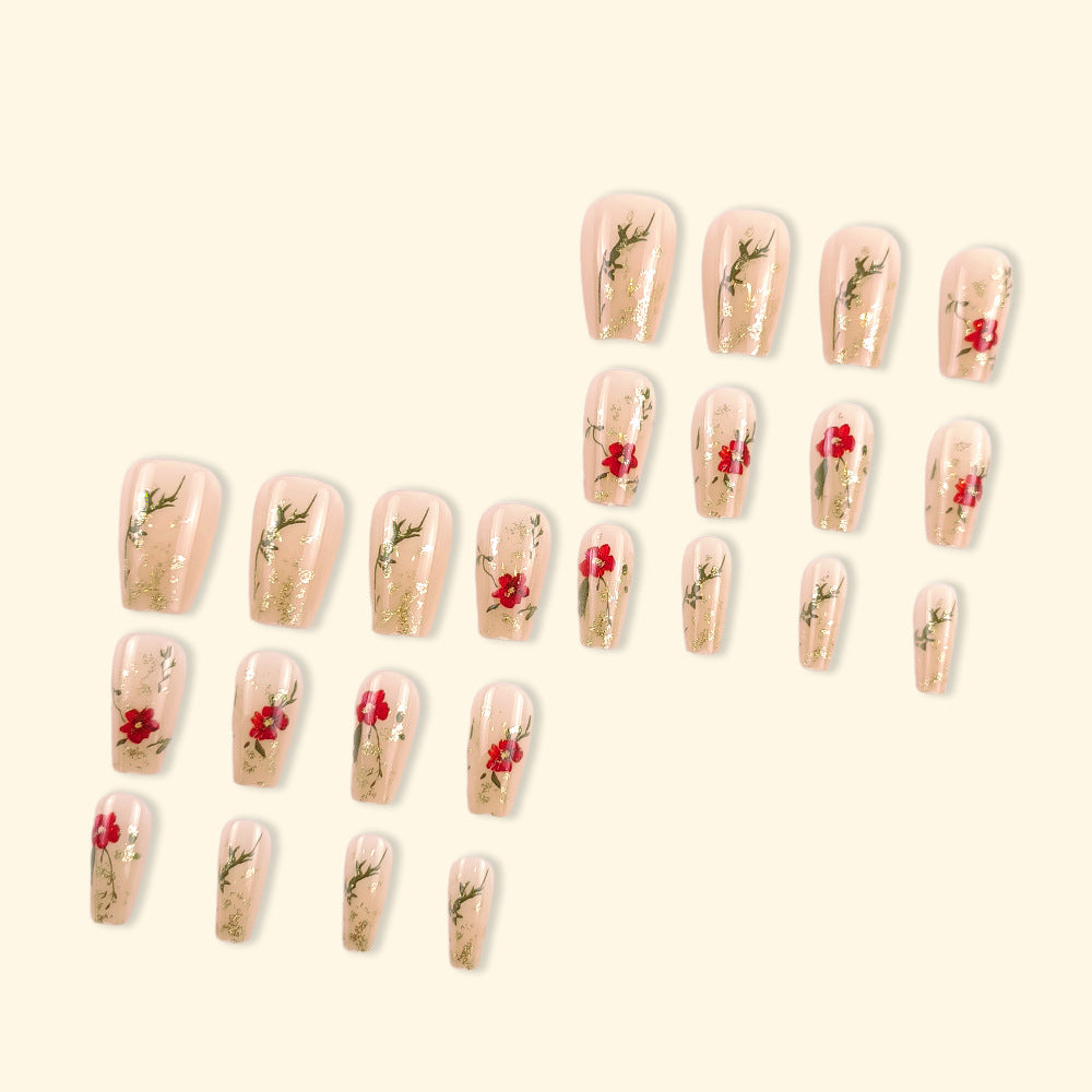 Gold Glitter Nail Tips with Red Rose Design - Short Nail Art Set