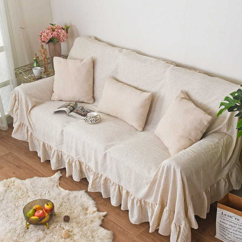 Linen-Colored Ruffled Edge Sofa Cover - Full-Cover Dust Protector