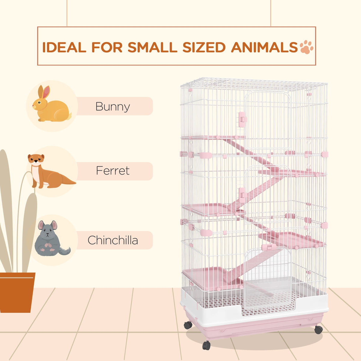 Small Animal Cage 32 Inch 6-Level Bunny Hutch with Lockable Wheels & Slide-Out Tray - Pink