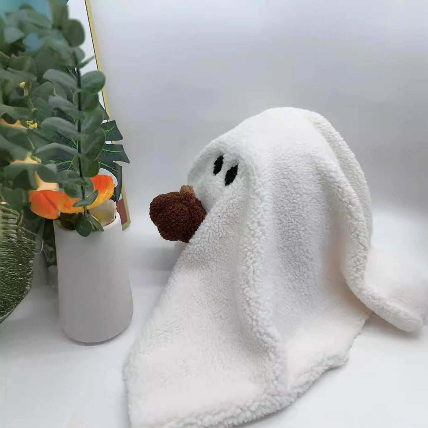 Ghost with Pumpkin Plush Throw Pillow - Cute Halloween Decor