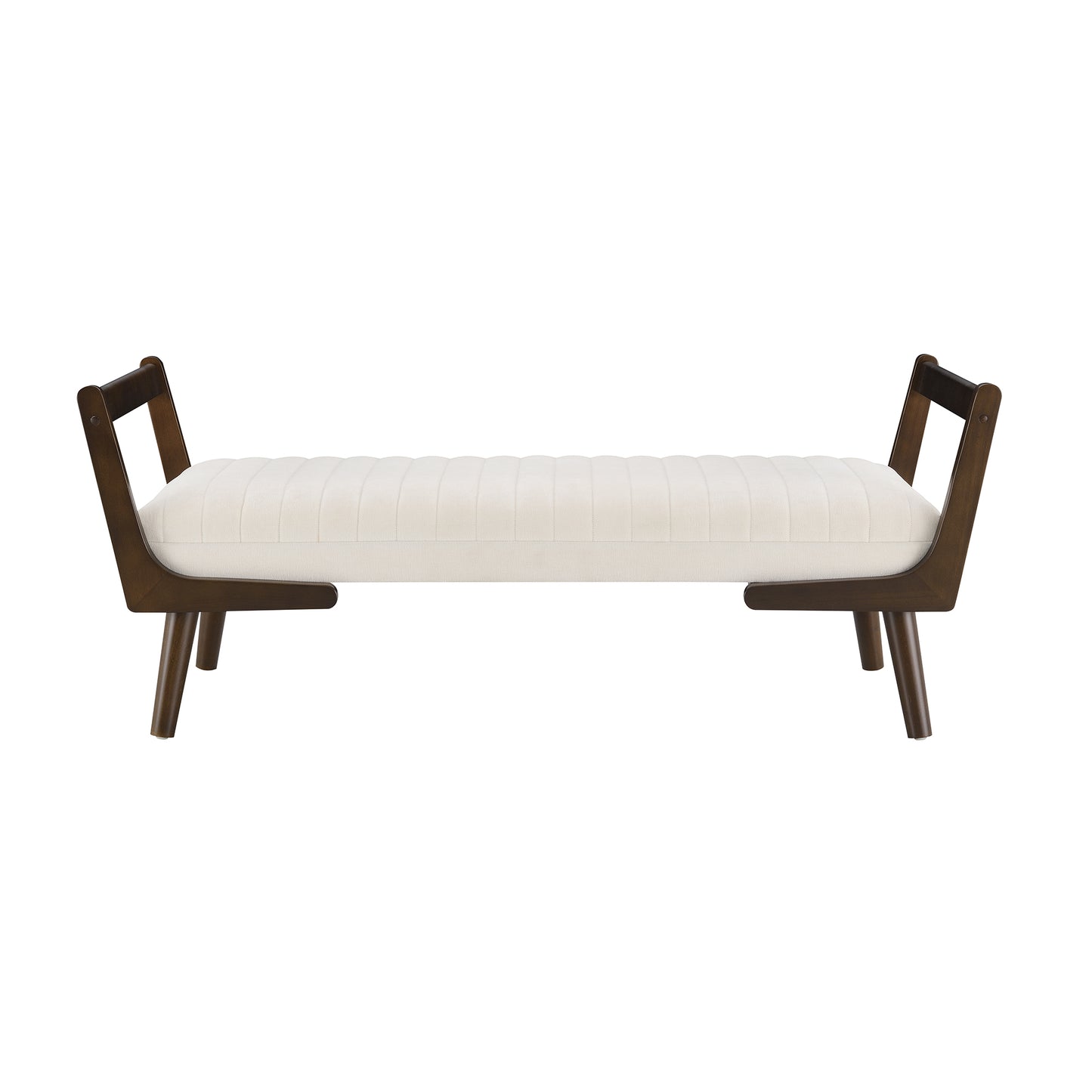52 Mid Century Bench With Walnut Wood Leg,Channeled Upholstered