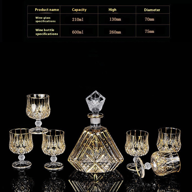 Crystal Glass Whiskey and Wine Set - Creative Gold Finish, 7-Piece Home Barware