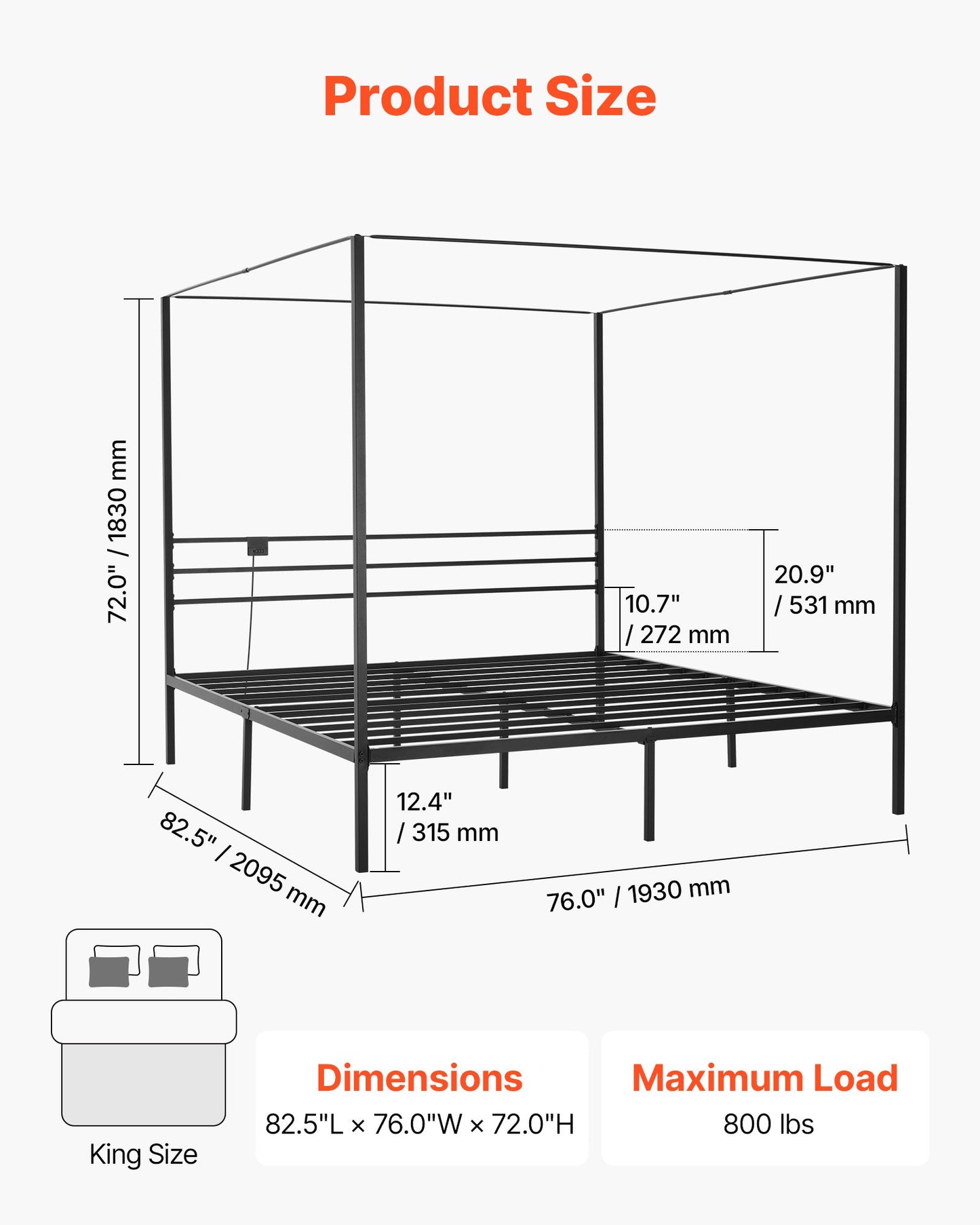 King Size Metal Canopy Bed Frame with Storage and Charging Station - Black