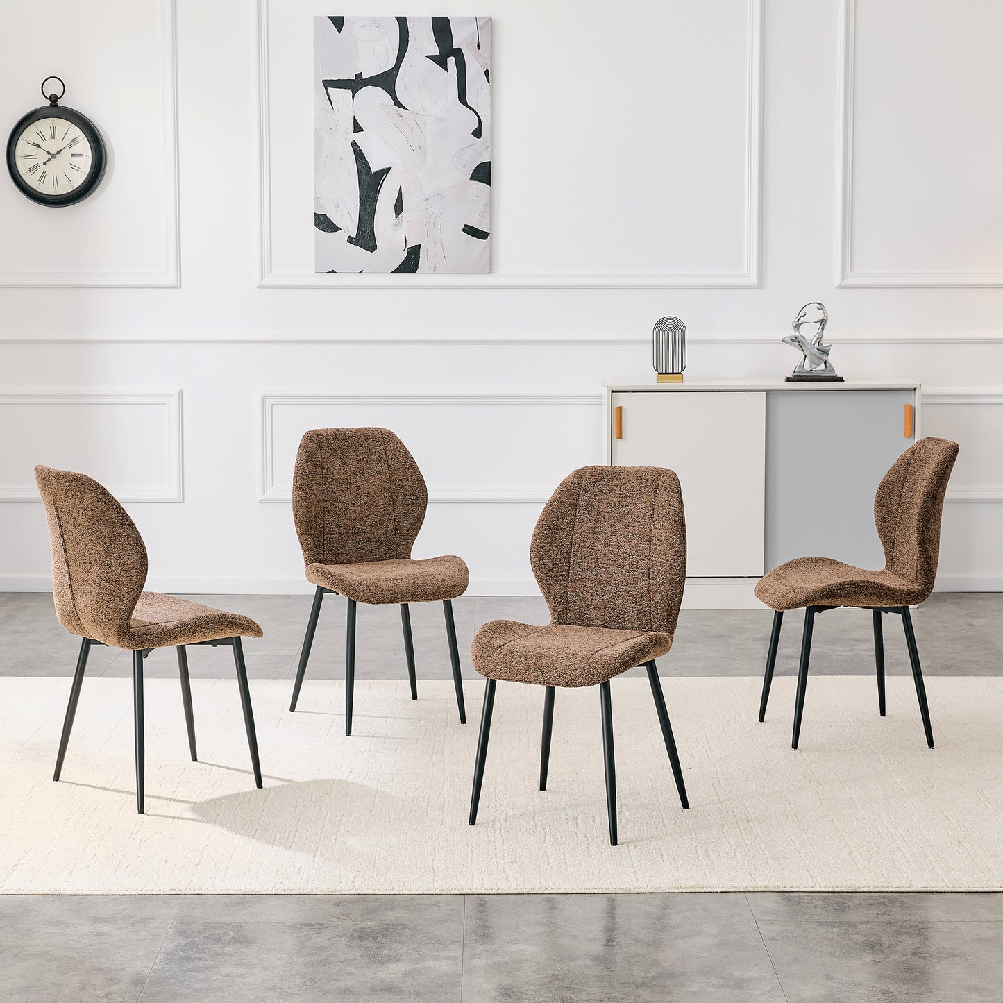 Set of 4 Retro Minimalist Brown Fabric Dining Chairs - Black Metal Legs