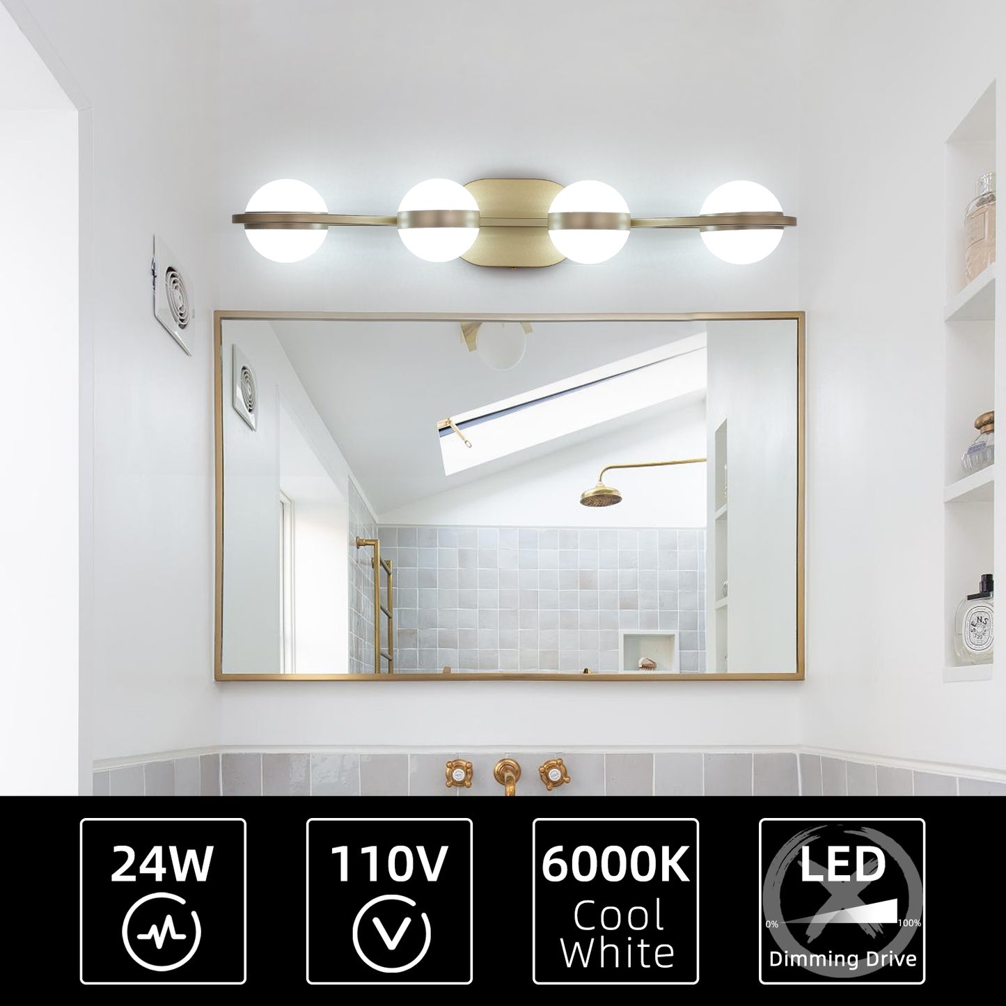 28-Inch Golden LED Bathroom Vanity Light - 4-Light Fixture