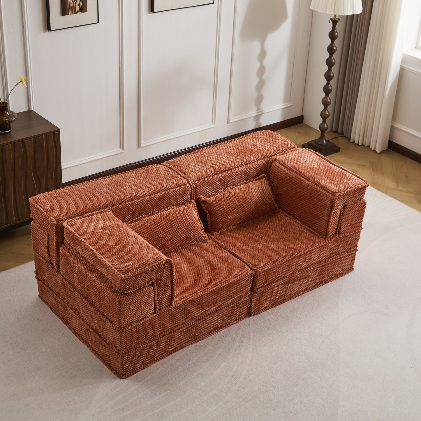 Convertible Floor Sofa Bed - Modern Orange Loveseat with Memory Foam
