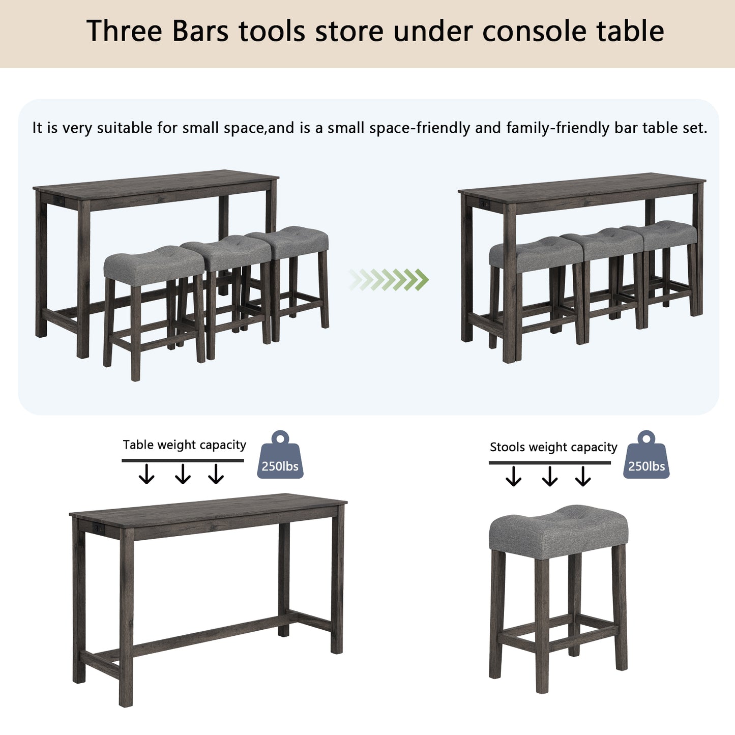 Bar Table Set with Power Outlet & 3 Padded Stools - Dark Gray