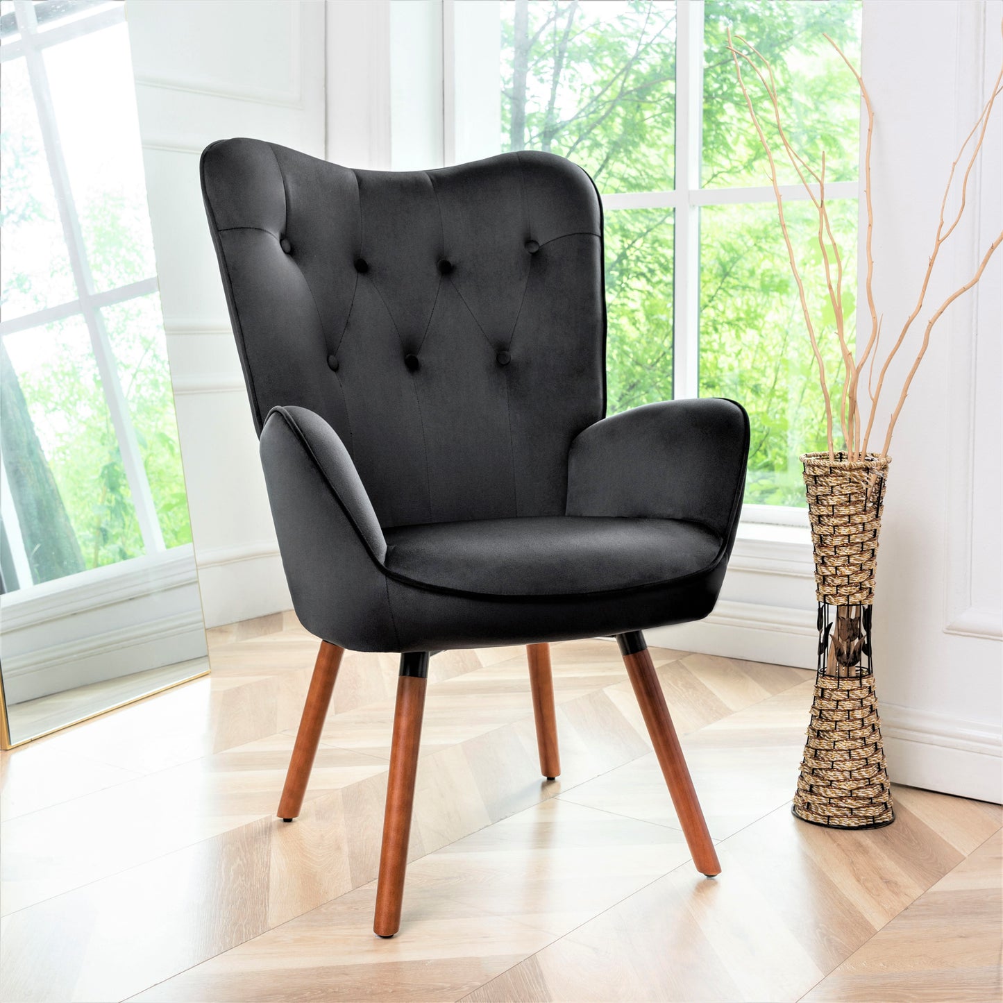 Mid-Century Modern Wingback Accent Chair, Button-Tufted Polyester