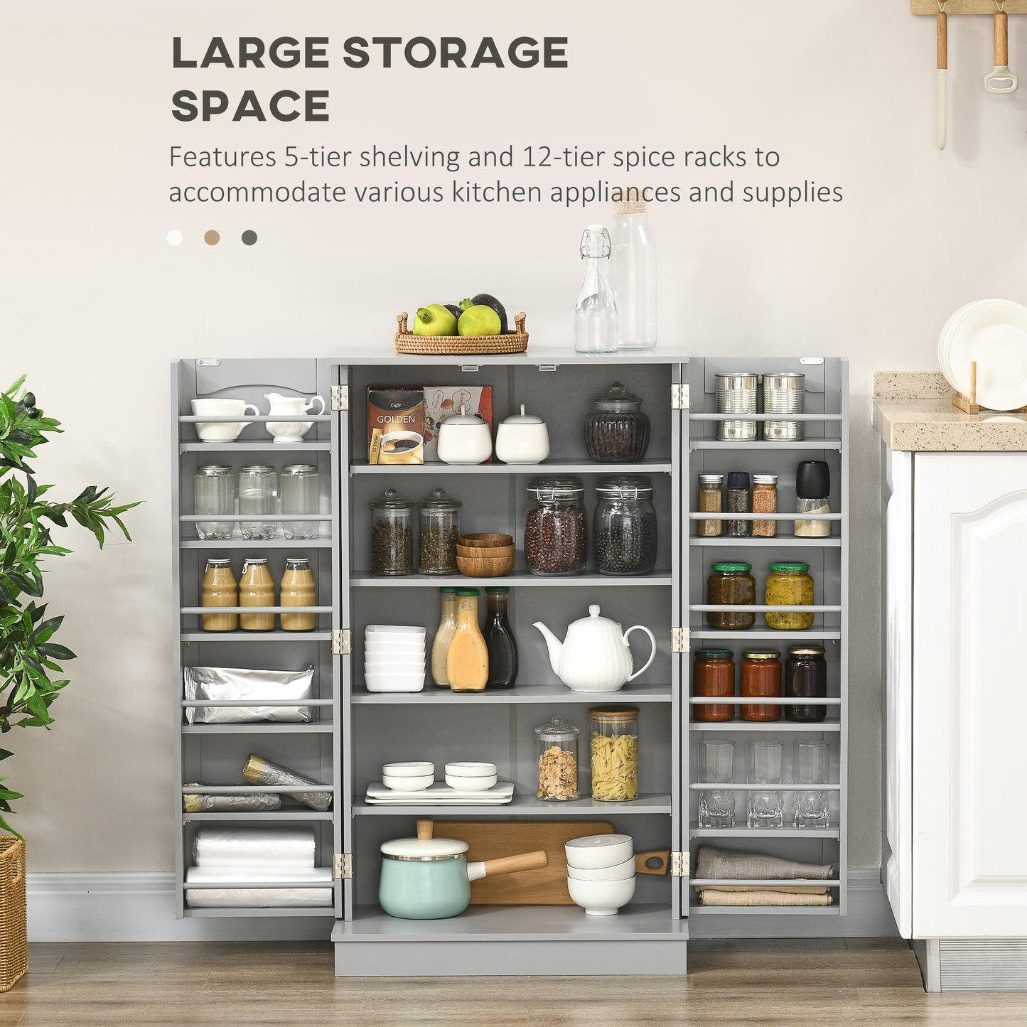 Freestanding Kitchen Pantry Cabinet with 12 Door Shelves - Gray