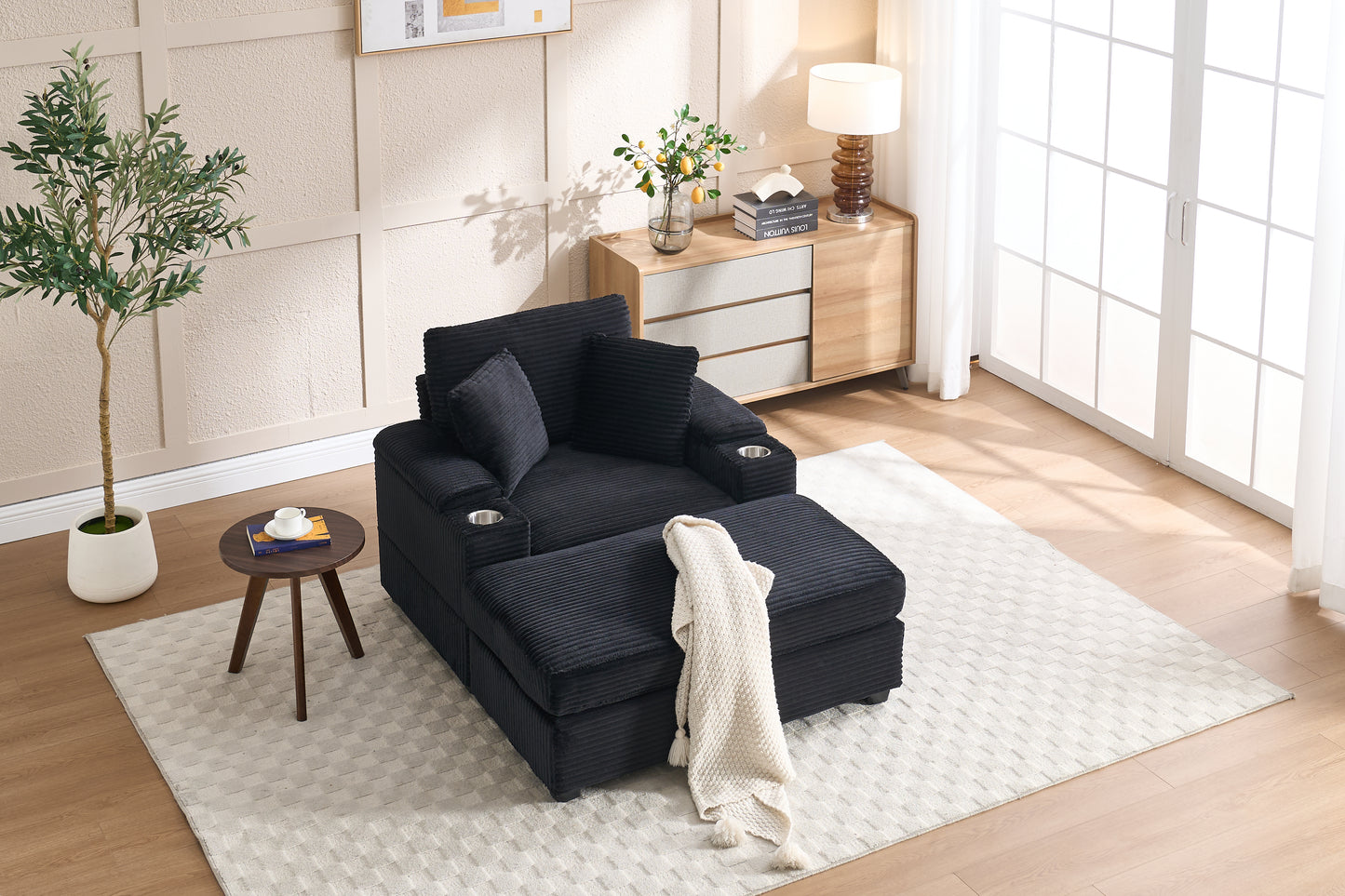 Corduroy Upholstered Chaise Lounge Sofa with Storage & Ottoman - Black