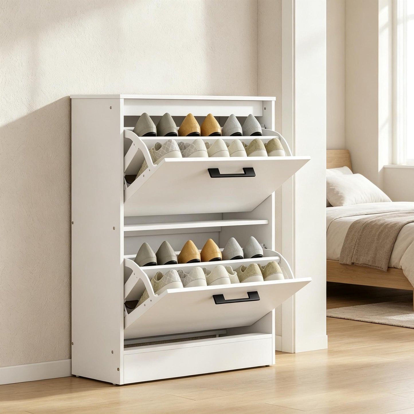 Shoe Cabinet with 2 Flip Drawers & Adjustable Dividers - White