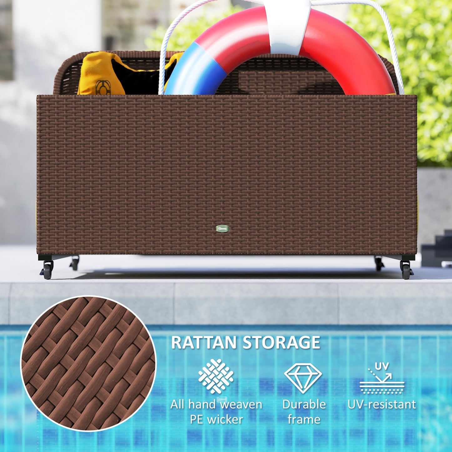 Rattan Pool Float Storage Organizer With Wheels, Brown