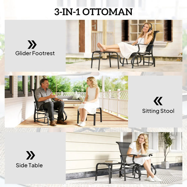 Outdoor Glider Chair Set with Ottoman - Black