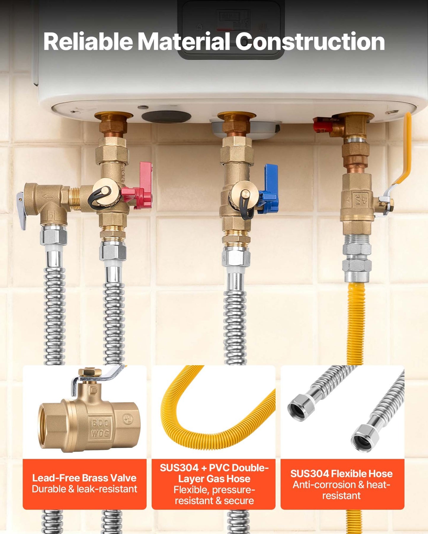 Water Heater Repair Kit with 3/4 Inch Valves and Hoses - Suitable for Tankless Systems