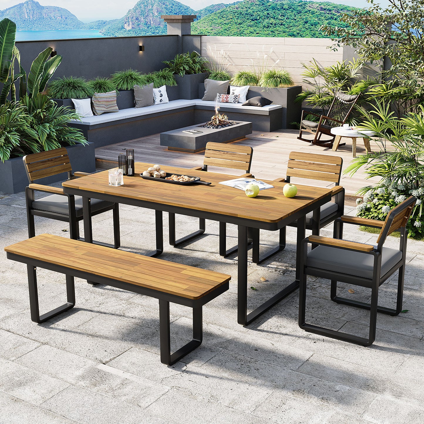 6-Piece Outdoor Dining Set, Acacia Wood, 1 Table With 4 Chairs &