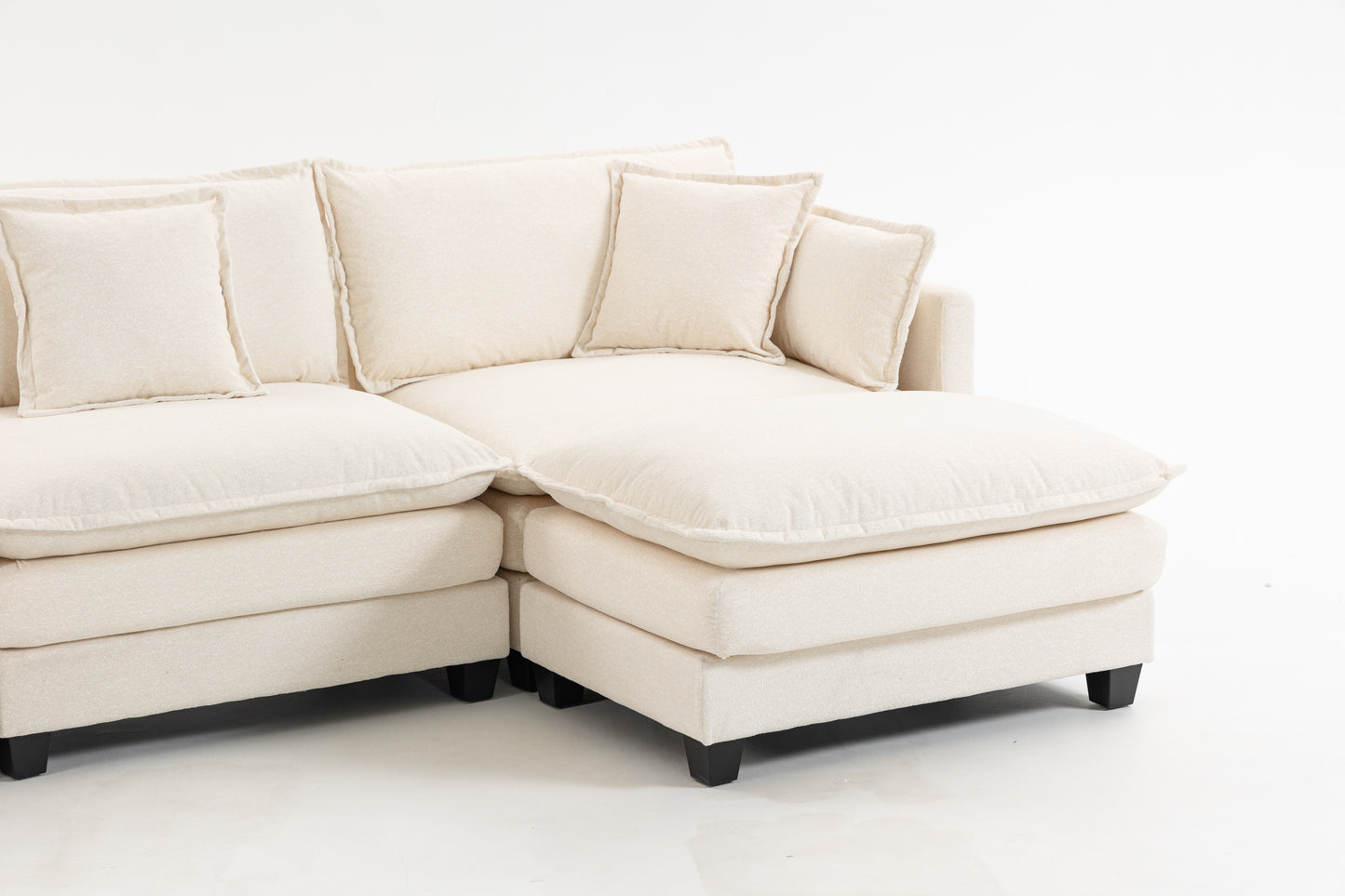 Antique White 4-Seat Sectional Sofa with Ottoman & Pillows