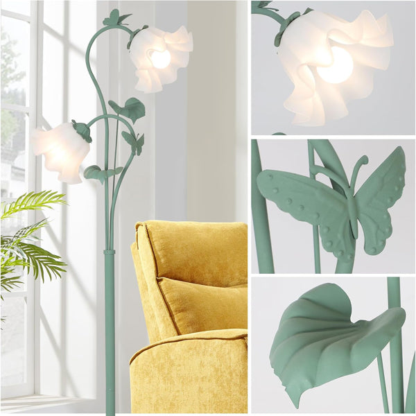 Vintage Flower Floor Lamp with 2 LED Bulbs - Green Acrylic Shade
