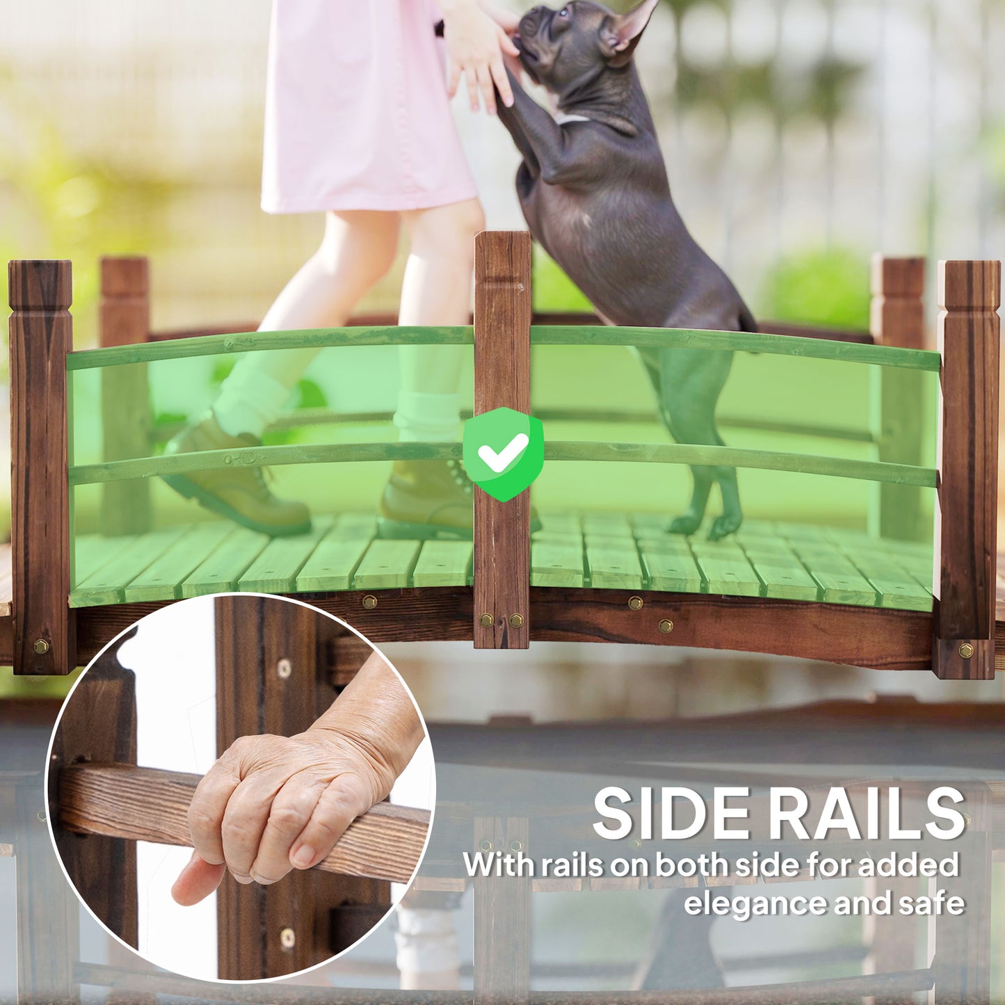 Wooden Garden Bridge with Side Railings - 60 Inch Stained Fir Wood Walkway