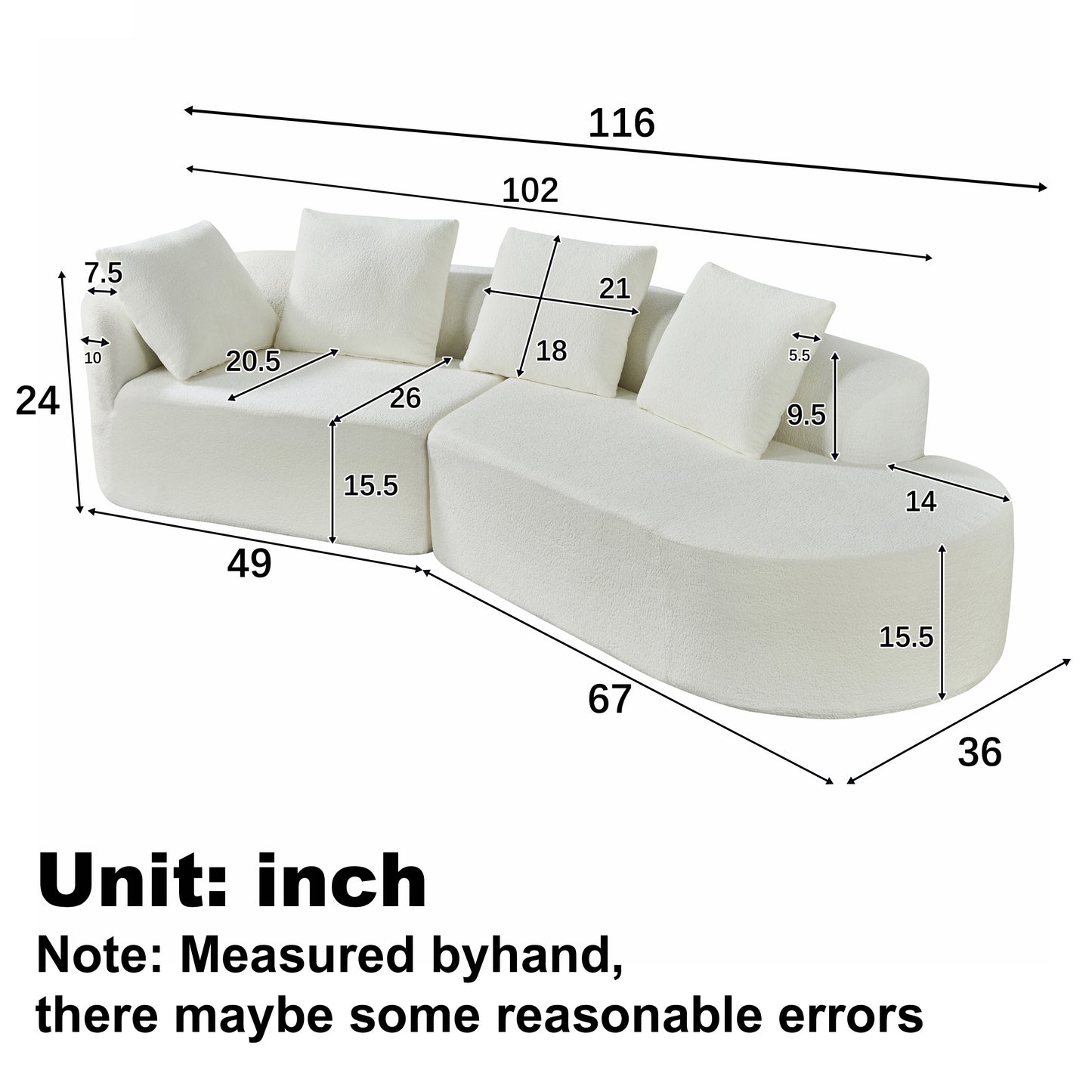 116" Modern Curved Sectional Sofa - Beige Upholstery, 2-Piece Set