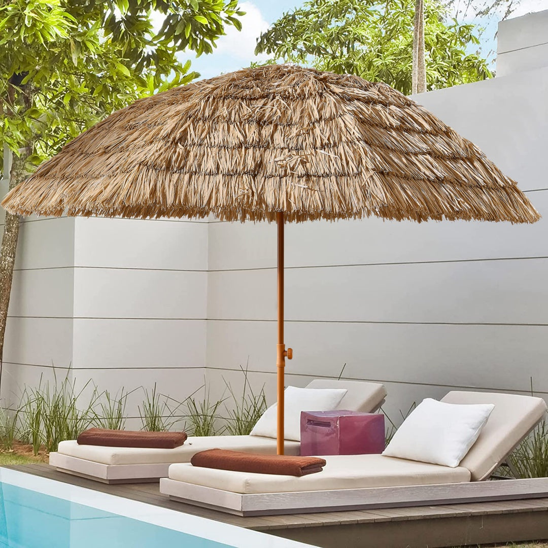 8' Thatch Patio Tiki Umbrella - Brown Hawaiian Beach Shade