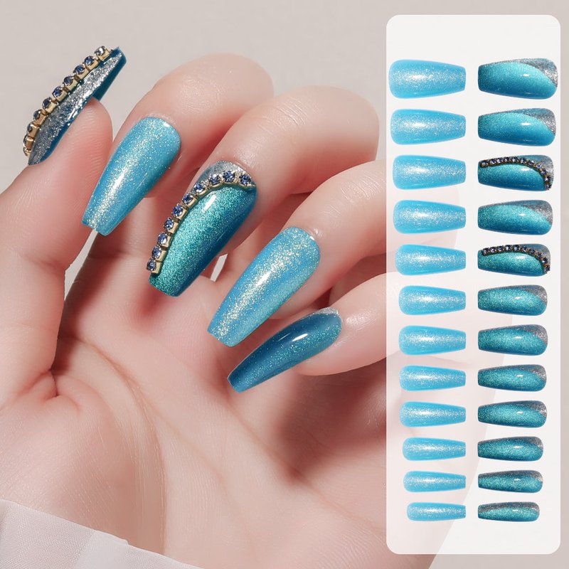 Blue Ocean Nail Patches with Jelly Glue - 24 Pieces