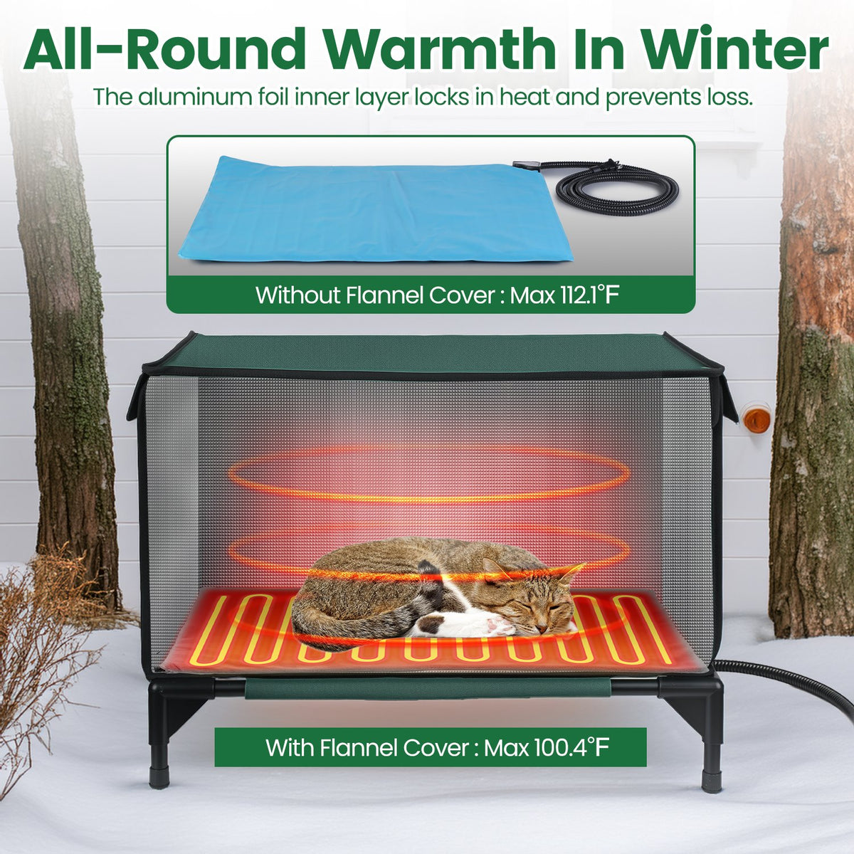 Outdoor Waterproof Heated Cat House with Insulated Shelter, 2 Doors & 3 Windows, Weatherproof Feral Cat Shelter - Green