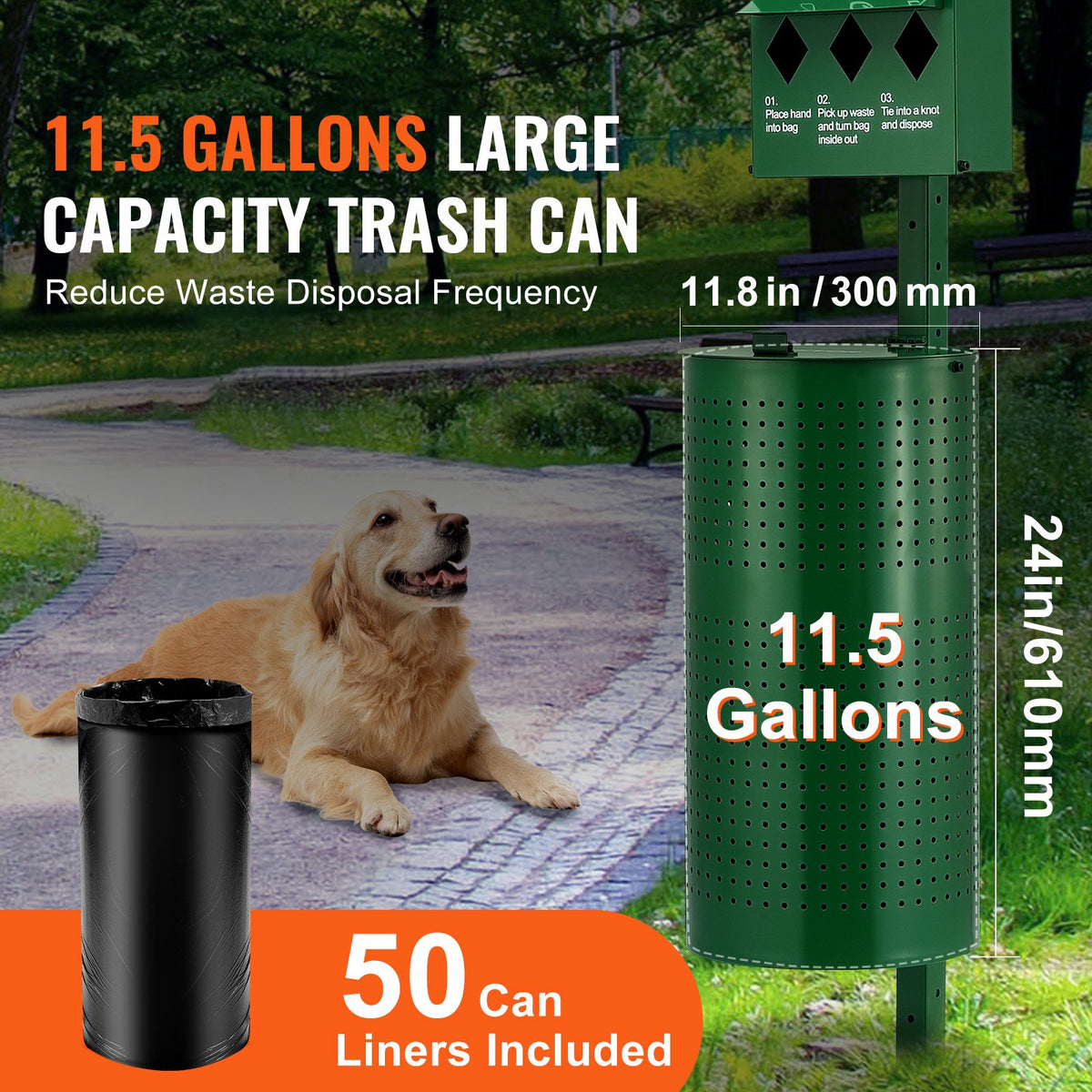 Dog Waste Station with 600 Poop Bags, Large 11.5-Gallon Trash Can, Green