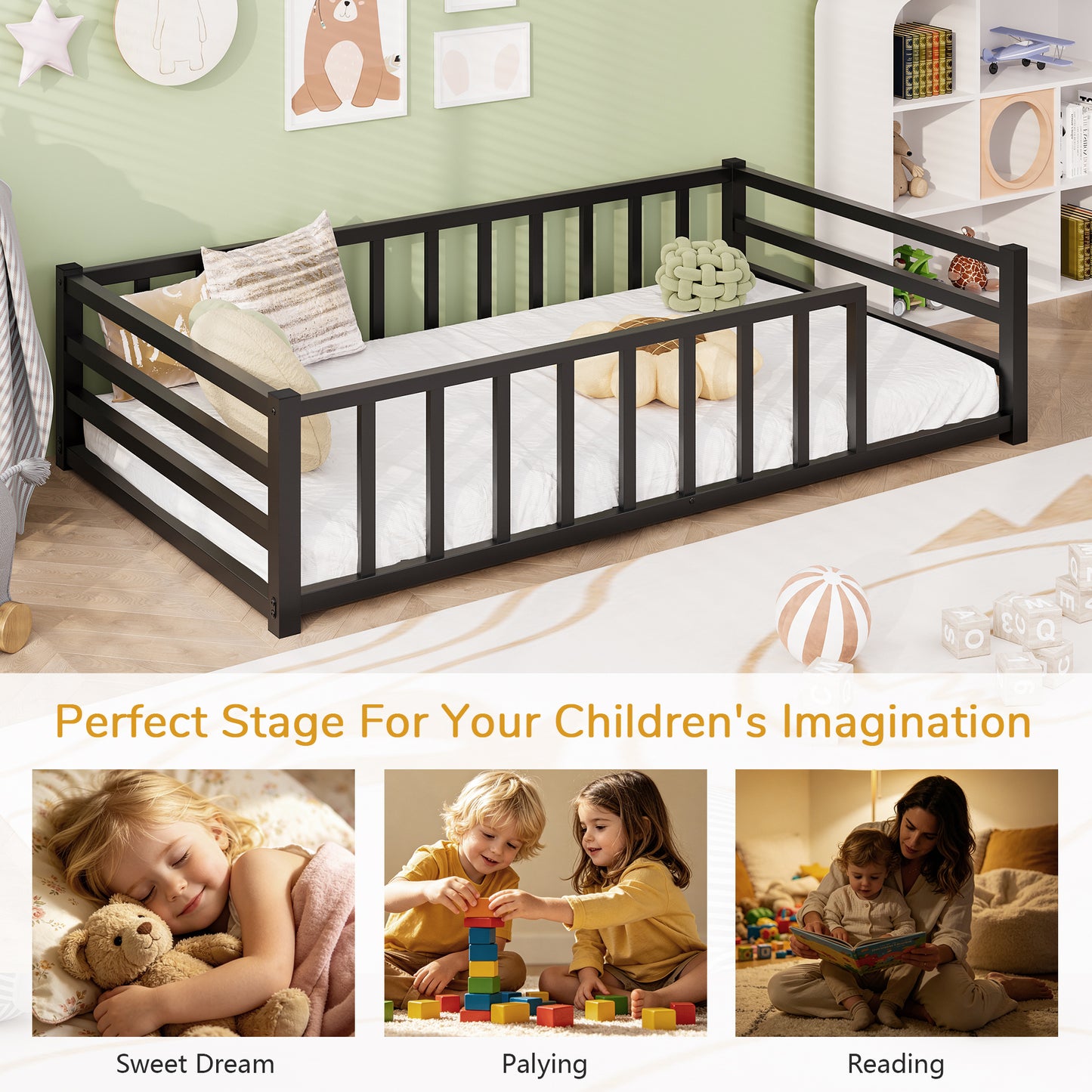 Twin Size Metal Platform Bed Frame with Guardrails - Black