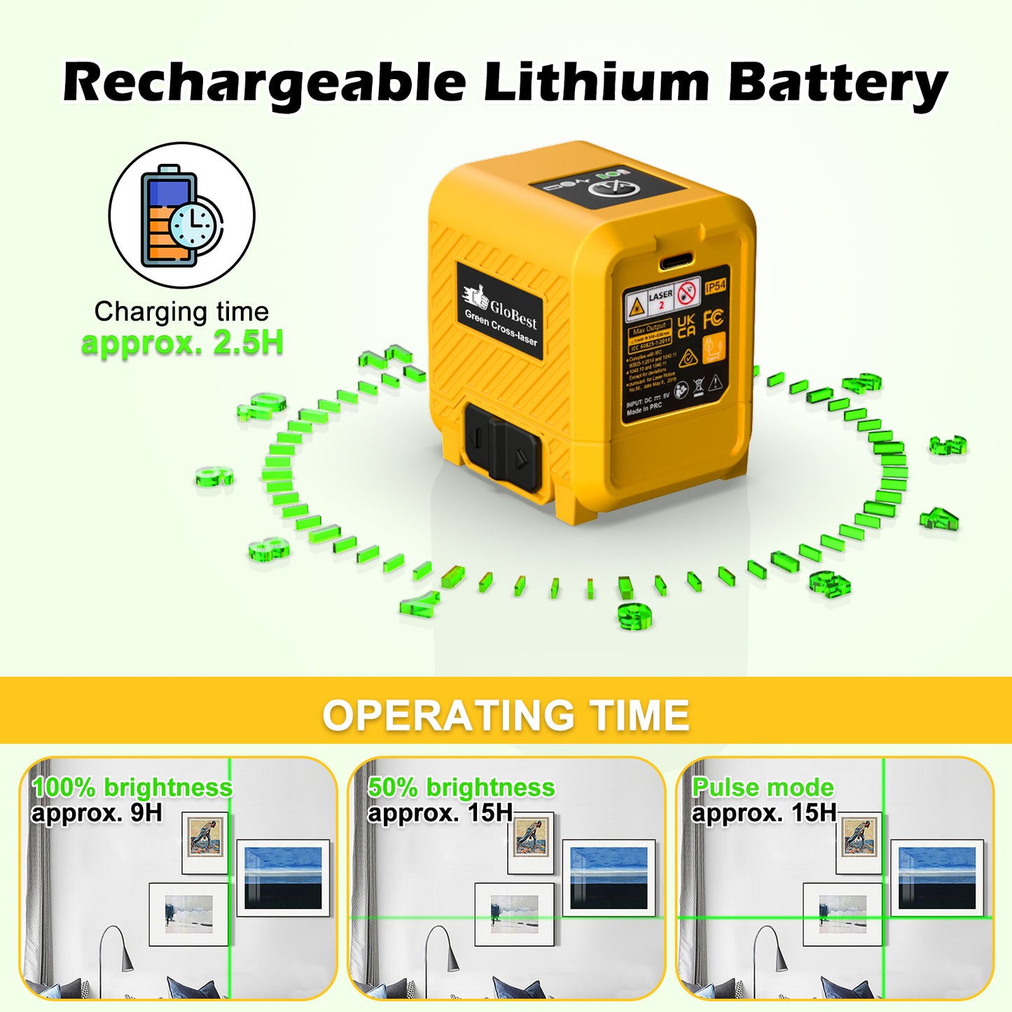 Laser Level with Rechargeable Lithium Battery, Self-Leveling Green Cross Line Tool - Model LS T6G